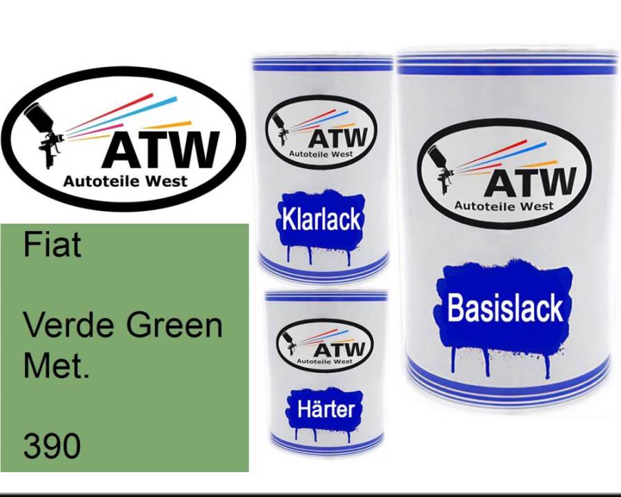 Fiat, Verde Green Met., 390: 500ml Lackdose + 500ml Klarlack + 250ml Härter - Set, von ATW Autoteile West.